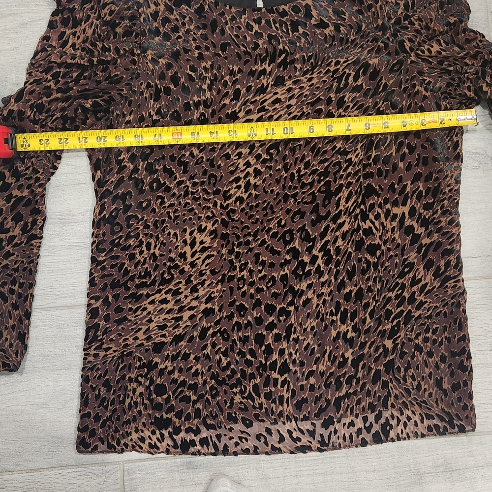 ELIE TAHARI Noelle Top Leopard Print Velvet Burnout Puff Sleeve Blouse Brown - Picture 4 of 7